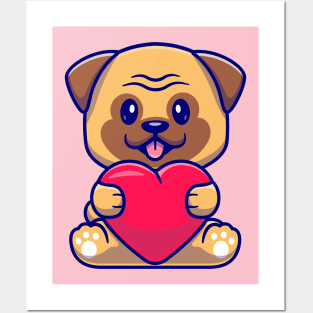 Cute Pug Dog Holding Love Cartoon Posters and Art